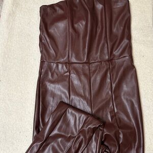 PrettyLittleThing Brown Faux Leather Bandeau Jumpsuit